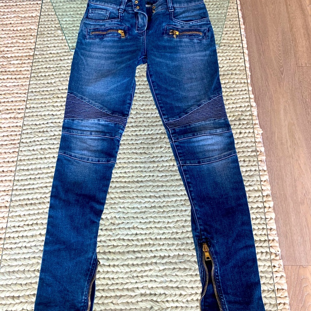 Balmain Moto Style Distressed Skinny Jeans